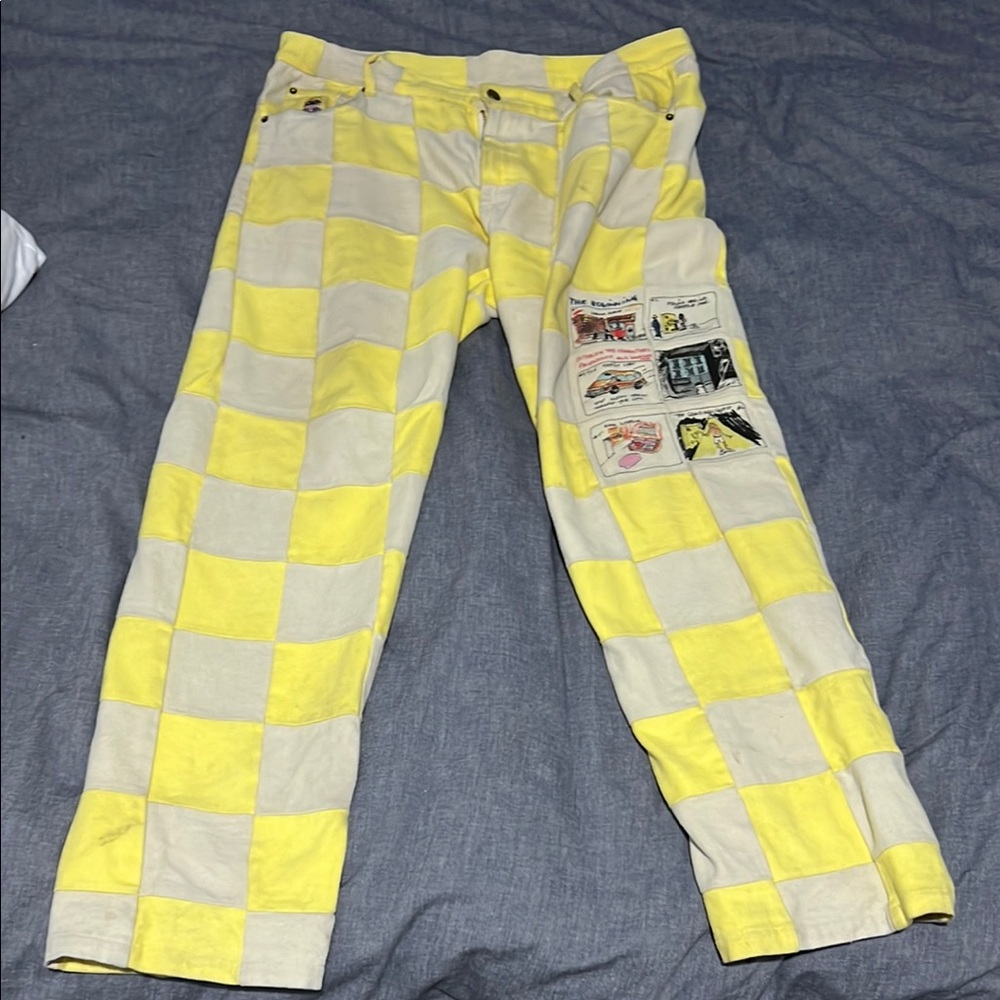 Yellow and White Checkered Men's Jeans KID SUPER